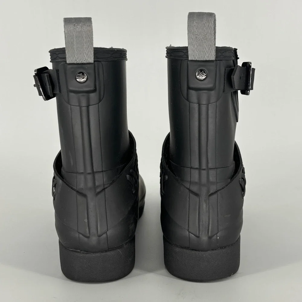 Hunter Refined Biker Rain Boots Woven Strap Black Women Size 9 Rubber Lug Sole